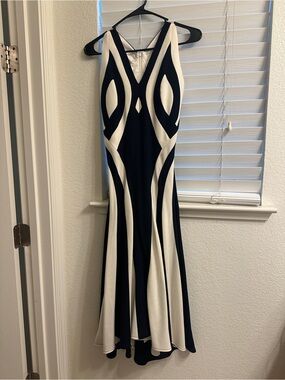 Elegant Navy and White Fit-and-Flare Midi Dress